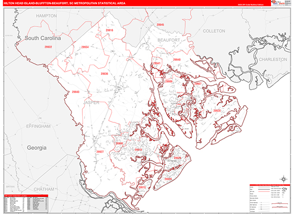 Hilton Head Island-Bluffton-Beaufort Metro Area Wall Map Red Line Style